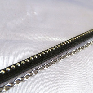 Τσοκερ τριπλό με δέρμα μαύρο και αλυσίδα ασημί - δέρμα, τσόκερ, κοντά - 2