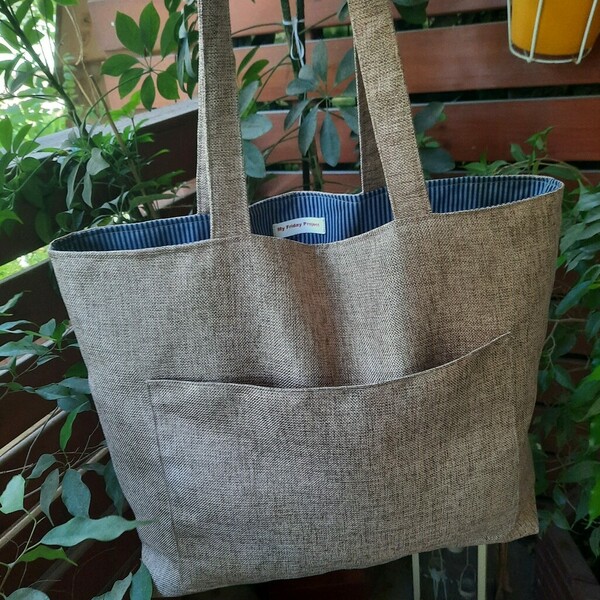 Χειροποίητη υφασμάτινη τσάντα ώμου "ψάθινη" 49x39cm - ύφασμα, ώμου, ψάθα, μεγάλες, all day - 2