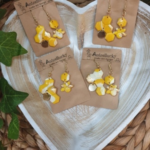 " Honeycomb and Bees " I Χειροποίητα μοντέρνα κρεμαστά σκουλαρίκια από πολυμερικό πηλό - 6,5 cm - κίτρινο / λευκό / χρυσό - πηλός, μακριά, κρεμαστά, μεγάλα, γάντζος - 3
