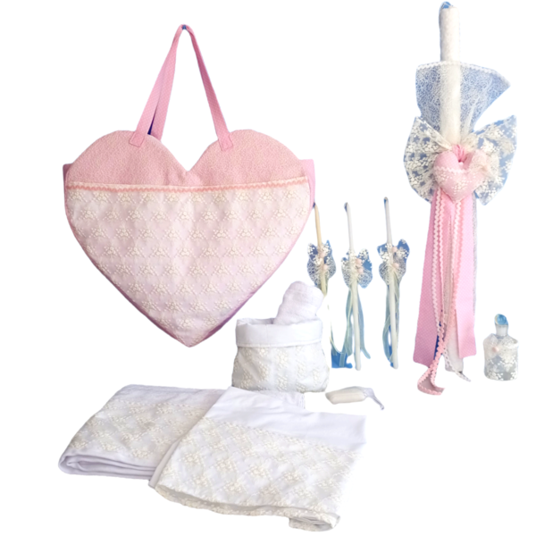 Χειροποίητο σετ βάπτισης με θέμα την καρδιά