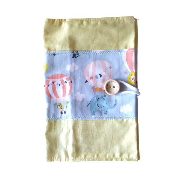 Δίχρωμη θήκη βιβλιαρίου υγείας με μπλε και κίτρινες αποχρώσεις - κορίτσι, αγόρι, αερόστατο, θήκες βιβλιαρίου
