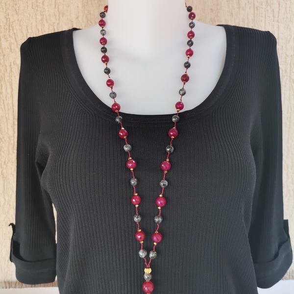 Μακρύ Κολιέ με Αχάτη Ruby και Λαρβικίτη - ημιπολύτιμες πέτρες, μακριά, ατσάλι, ροζάριο - 3