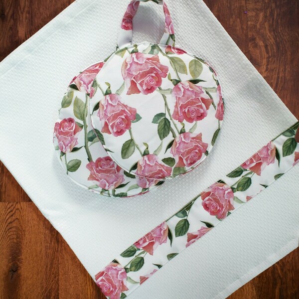 Ρετρο Ποδια Ροζ Τριανταφυλλα σετ με πετσετα και πιαστρακι - ύφασμα, ποδιές μαγειρικής - 5