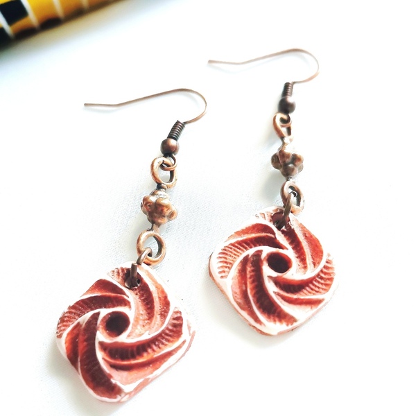 "The Whirlwinds" Handcrafted dangling earrings in the shape of wind turbines (5.0 cm height) - χαλκός, πηλός, μικρά, boho, κρεμαστά - 2