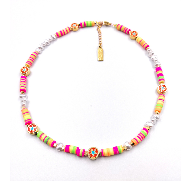 Κολιέ µε πολυμερές πηλό, επίχρυσα στοιχεία και πέρλες - επιχρυσωμένα, αστέρι, πηλός, τσόκερ, κοντά