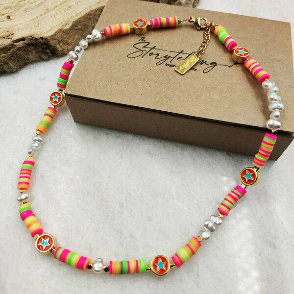 Κολιέ µε πολυμερές πηλό, επίχρυσα στοιχεία και πέρλες - επιχρυσωμένα, αστέρι, πηλός, τσόκερ, κοντά - 4