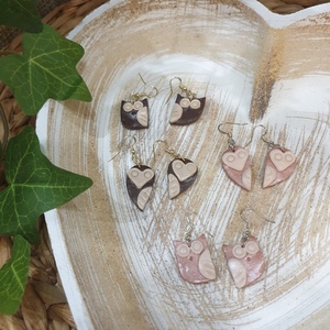"Choco Heart Owl" I Χειροποίητα μοντέρνα κρεμαστά σκουλαρίκια από πολυμερικό πηλό - 4,5cm - χρώμα καφέ - πηλός, μικρά, κρεμαστά, γάντζος - 4
