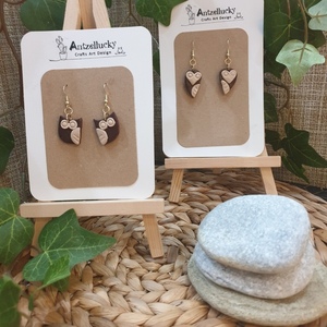 "Choco Heart Owl" I Χειροποίητα μοντέρνα κρεμαστά σκουλαρίκια από πολυμερικό πηλό - 4,5cm - χρώμα καφέ - πηλός, μικρά, κρεμαστά, γάντζος - 5