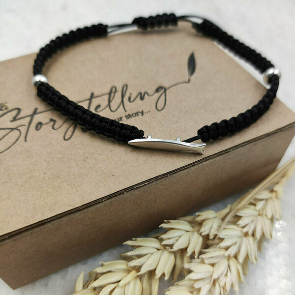 Βραχιόλι μαύρο μακραμέ µε ψαράκι - επάργυρα, ψάρι, μακραμέ, κορδόνια, χεριού - 2