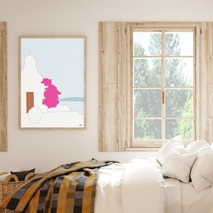 Αφίσα ArtPrint | Σαντορίνη Βουκαμβίλια | Διαστάσεις 21*29,7 εκ. A4 | Εκτύπωση ματ σε χαρτί 170 γρ | Χρώματα παλ γαλάζιο, φουξια - πίνακες & κάδρα, αφίσες, διακόσμηση σαλονιού - 2
