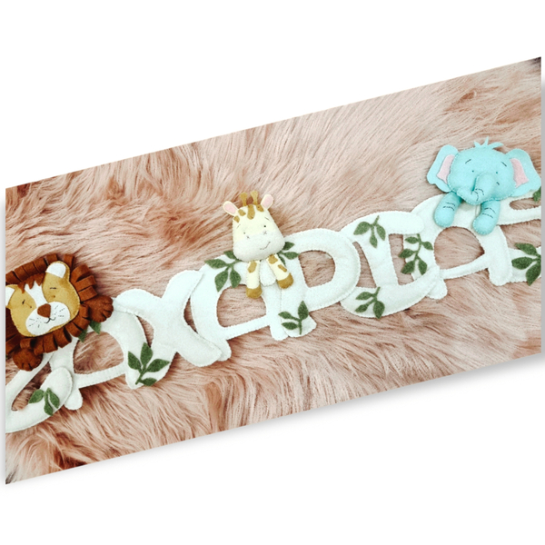 Χειροποίητο banner με όνομα και θέμα ζωάκια της ζούγκλας - αγόρι, γιρλάντες, διακοσμητικό παιδικού δωματίου