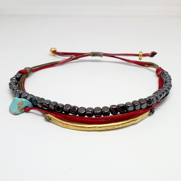 Βραχιόλι με Αιματιτη και ορείχαλκο - ορείχαλκος, κορδόνια, πολύσειρα, χεριού, αυξομειούμενα