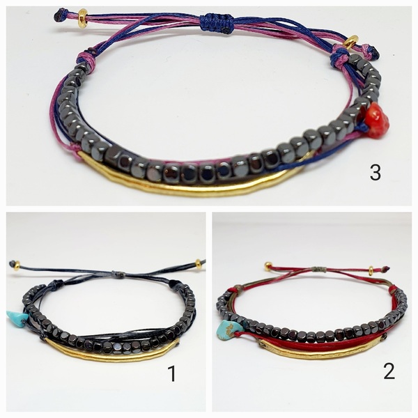 Βραχιόλι με Αιματιτη και ορείχαλκο - ορείχαλκος, κορδόνια, πολύσειρα, χεριού, αυξομειούμενα - 4