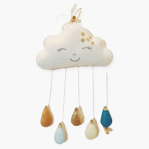 Μόμπιλε συννεφάκι happy cloud με σταγόνες βροχής, χειροποίητο - κρεμαστά, δώρο γέννησης, διακοσμητικό παιδικού δωματίου
