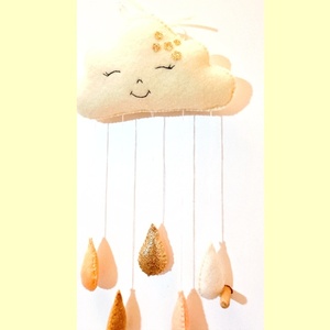Μόμπιλε συννεφάκι happy cloud με σταγόνες βροχής, χειροποίητο - κρεμαστά, δώρο γέννησης, διακοσμητικό παιδικού δωματίου - 3