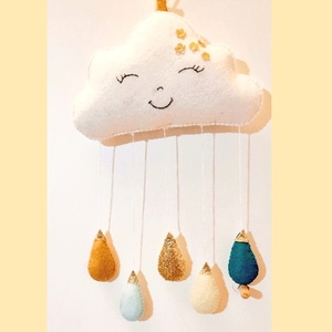Μόμπιλε συννεφάκι happy cloud με σταγόνες βροχής, χειροποίητο - κρεμαστά, δώρο γέννησης, διακοσμητικό παιδικού δωματίου - 4