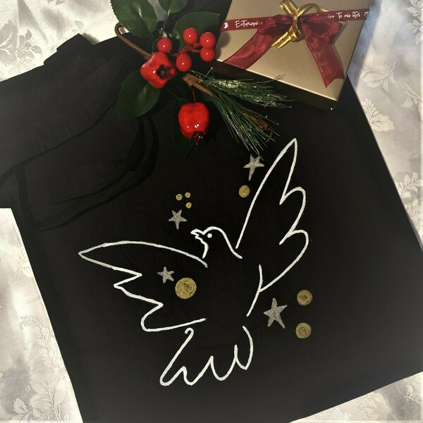 Τσάντα υφασμάτινη ζωγραφισμένη στο χέρι 37*42-bird - ύφασμα, all day, tote, δώρα για γυναίκες, φθηνές - 2