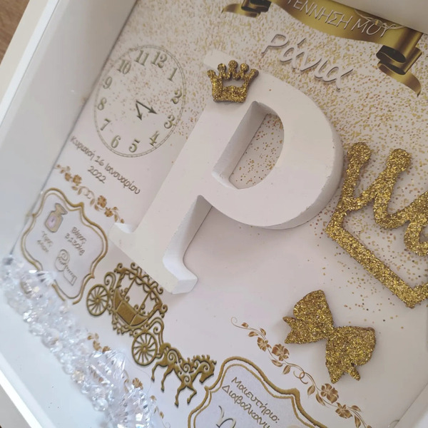 Καδράκι με στοιχεία γέννησης με πουά φόντο 27 x 27cm με βάθος 6cm για Κορίτσι με μονόγραμμα θέμα άμαξα Χρύσα γράμματα, φιογκάκι κορώνες και φωτισμο - κορίτσι, δώρο γέννησης, ενθύμια γέννησης - 3