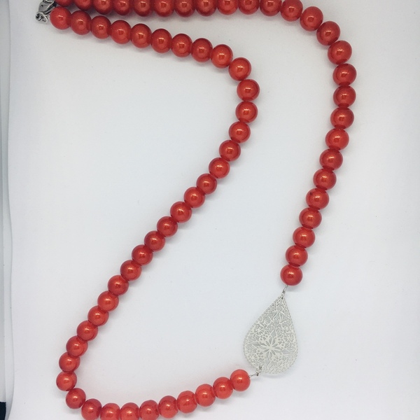 Κολιέ κόκκινο , 8mm μέγεθος πέτρας με ατσάλινα στοιχεία - χάντρες, μακριά, ατσάλι, μεγάλα - 4