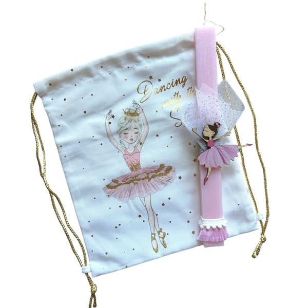 Σετ λαμπάδα μπαλαρίνα 32 εκ. ροζ δύο τεμαχίων με λευκό υφασμάτινο σακίδιο πλάτης μπαλαρίνα - κορίτσι, λαμπάδες, μπαλαρίνες, σετ, για παιδιά - 5