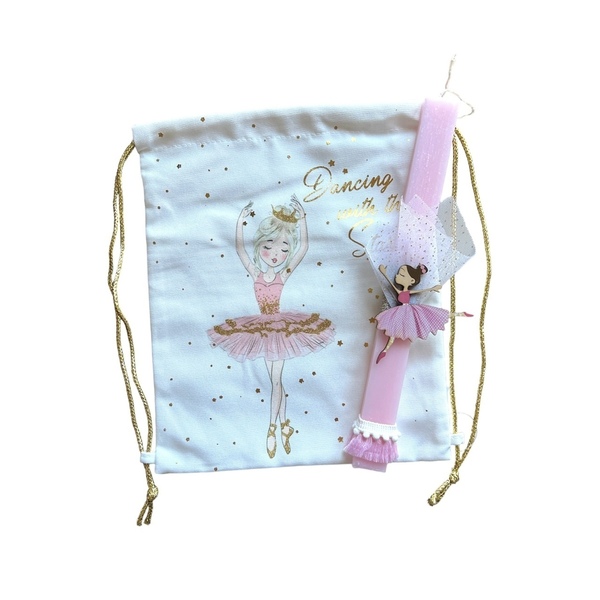Σετ λαμπάδα μπαλαρίνα 32 εκ. ροζ δύο τεμαχίων με λευκό υφασμάτινο σακίδιο πλάτης μπαλαρίνα - κορίτσι, λαμπάδες, μπαλαρίνες, σετ, για παιδιά - 2