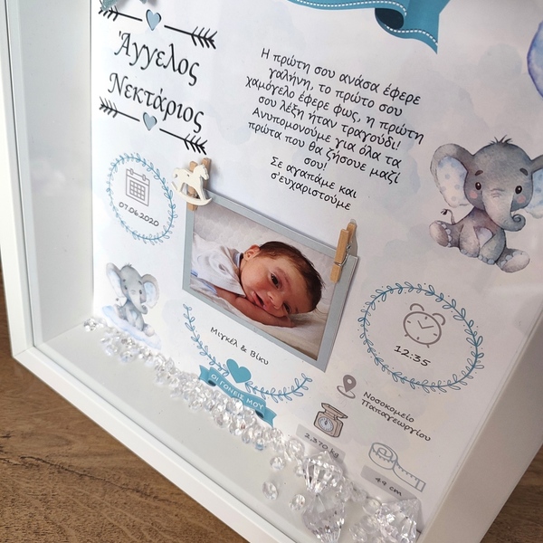 Καδράκι με στοιχεία γέννησης 27x27x6cm για Αγόρι & κορίτσι σε μπλε γαλάζιο σιελ αποχρώσεις με θέμα ελεφαντάκι - κορίτσι, αγόρι, δώρο γέννησης - 3