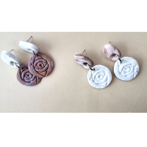 "the vertical eye" Handmade Embossed Double Sided Dangle Earrings (5.5cm Height)__ - πηλός, boho, καρφάκι - 3