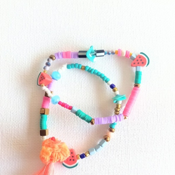 Hematite, Polymer Clay Beads |Turquoise Mauve Fuchia|Beaded Bracelets with Tassels and Pon pon| Multi Colors | Medium Size| - ημιπολύτιμες πέτρες, χάντρες, σταθερά, χεριού