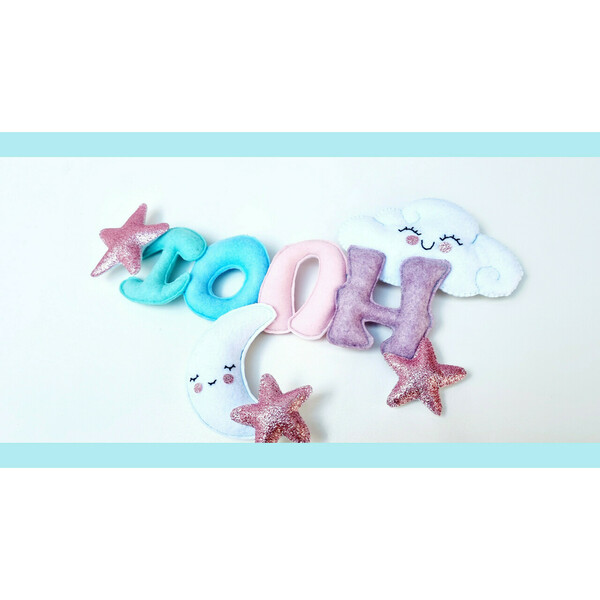 Υφασμάτινο μπάνερ banner, φεγγαράκι και αστέρια, 4 γράμματα, χειροποίητο - γιρλάντες, δώρα για βάπτιση, διακοσμητικό παιδικού δωματίου - 2