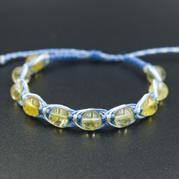 Μακραμέ Unisex βραχιόλι, μπλε με μπεζ με ημιπολύτιμους λίθους Κιτρίνης - ημιπολύτιμες πέτρες, μακραμέ, boho, χεριού, αυξομειούμενα - 3