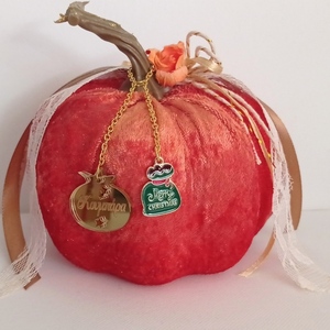 Βελούδινη πορτοκαλί κολοκύθα (13/14εκ) - ύφασμα, μαμά, ρόδι, κολοκύθα, γούρια - 2