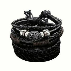 Σετ 4 Ανδρικών Βραχιλιών Δερματίνης Black-Brown - δέρμα, βραχιόλια, κορδόνια, ατσάλι