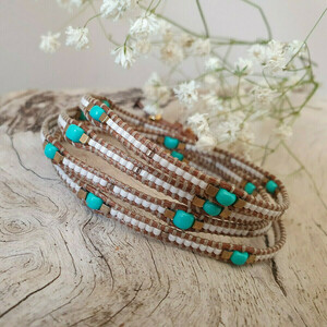 Πολύσειρο τυλιχτό βραχιόλι με χάντρες / Wrap boho βραχιόλι - ημιπολύτιμες πέτρες, χάντρες, πολύσειρα, χεριού, αυξομειούμενα - 3