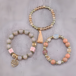 Σετ 3 γυναικεία boho βραχιόλια - charms με χάντρες Coral-Gold - charms, καρδιά, χάντρες, σταθερά, χεριού - 4