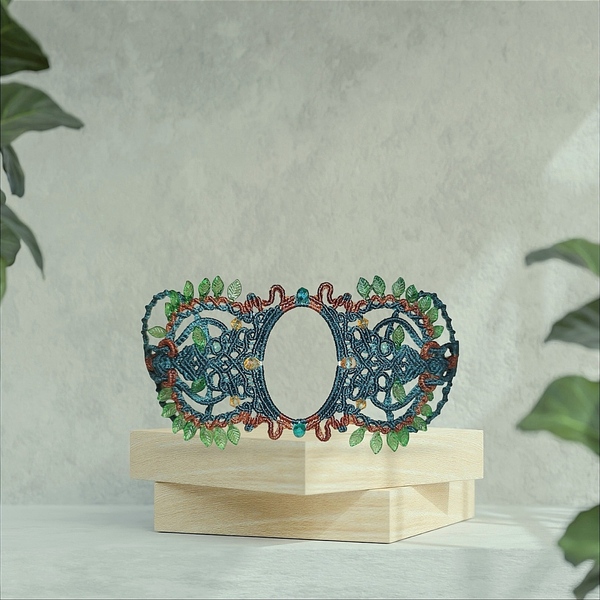 Φαρδύ μακραμέ βραχιόλι καφέ και κυπαρισσί με μικρά φυλλαράκια και χάντρες τύπου σβαρόφσκι - μακραμέ, χάντρες, χεριού, αυξομειούμενα, φαρδιά - 3