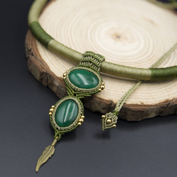 Μακραμε πράσινο κολιέ με ημιπολύτιμους λίθους με Jade - ημιπολύτιμες πέτρες, μακραμέ, κοντά, boho - 3