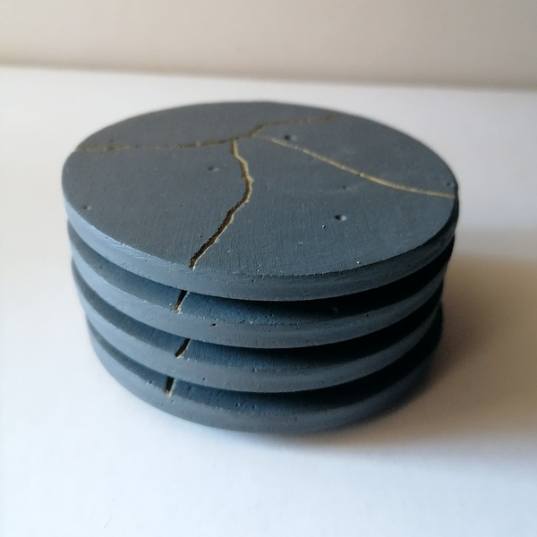 Σουβέρ χρυσές ρωγμές σετ4τεμ τσιμεντένια στρογγυλά ανθρακί9εκΧ0,5εκ - σουβέρ, τσιμέντο, είδη σερβιρίσματος, στολισμός τραπεζιού - 4