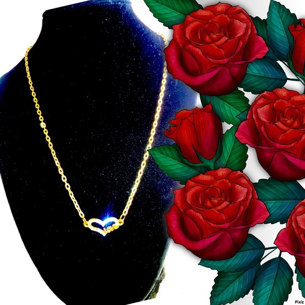 Κουτι δωρου με χειροποιητα κοκκινα τριανταφυλλα και Χειροποιητο Κολιε με Καρδια ατσαλινη χρυση με << love>> και ζιργκον, και ατσαλινη αλυσιδα - καρδιά, χαρτί, μέταλλο, ζιργκόν, σετ δώρου - 5