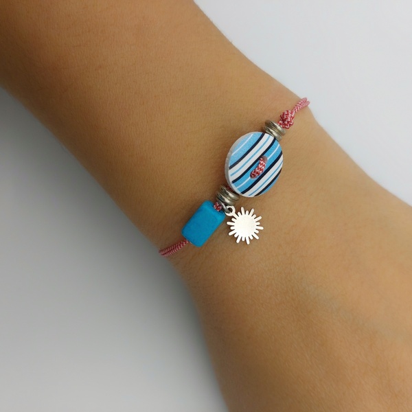 Μαρτάκι με κουμπί και ασημένιο κρεμαστό ήλιο - λουλούδι, ατσάλι, αυξομειούμενα, φθηνά - 3