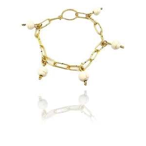 "Howlite on Links" Βραχιόλι με λευκό χαολίτη - ημιπολύτιμες πέτρες, επιχρυσωμένα, boho, χεριού, αυξομειούμενα - 2