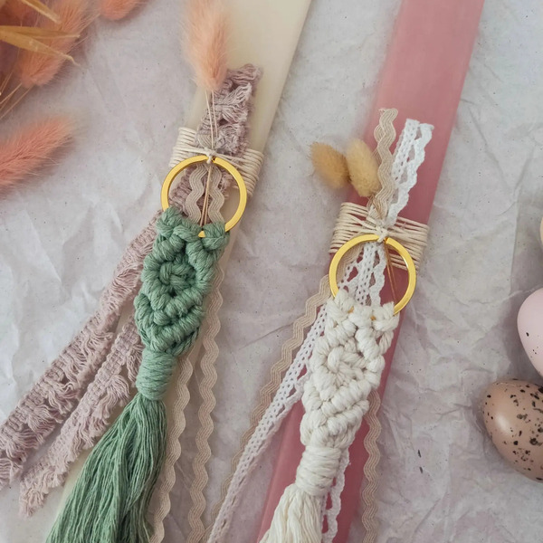Boho λαμπάδα με μακραμέ μπρελόκ - μέντα 32 εκατοστά - κορίτσι, λουλούδια, λαμπάδες, για ενήλικες, για εφήβους - 4