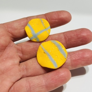 Helios Wavy Round Stud Earrings Ήλιος Χειροποίητα Στρογγυλά Κυματιστά Σκουλαρίκια Πολυμερικού Πηλού Κίτρινο & Γαλάζιο - πηλός, ατσάλι, μεγάλα - 2