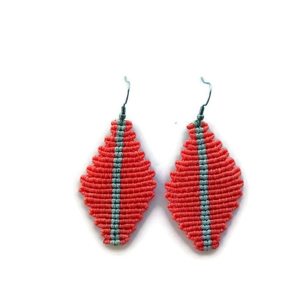 Μακραμέ σκουλαρίκια ρόμβος με γάντζους από ανοξείδωτο ατσάλι - νήμα, μακραμέ, ατσάλι, μεγάλα, γάντζος - 4