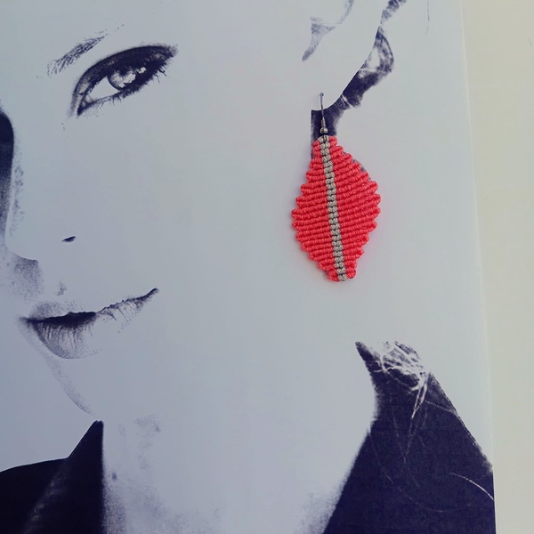 Μακραμέ σκουλαρίκια ρόμβος με γάντζους από ανοξείδωτο ατσάλι - νήμα, μακραμέ, ατσάλι, μεγάλα, γάντζος - 3