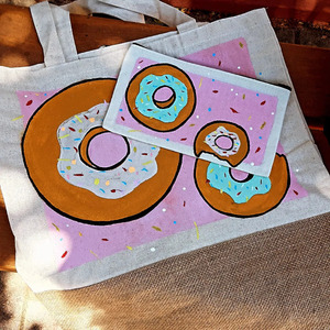 Σετ Τσαντα donuts & τσαντάκι - ύφασμα, ώμου, all day, tote, πάνινες τσάντες