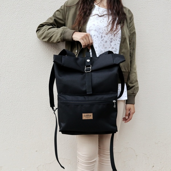 Μαύρο Σακίδιο Πλάτης // Roll top Backpack - πλάτης, σακίδια πλάτης, all day, vegan friendly - 5