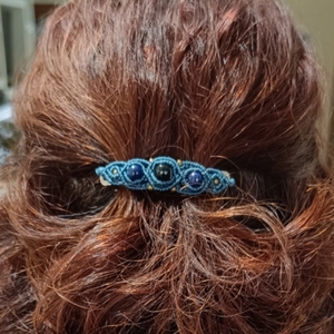 Macrame μπαρέτα μαλλιων με πέτρες Lapis Lazouli. - νήμα, μέταλλο, hair clips - 2