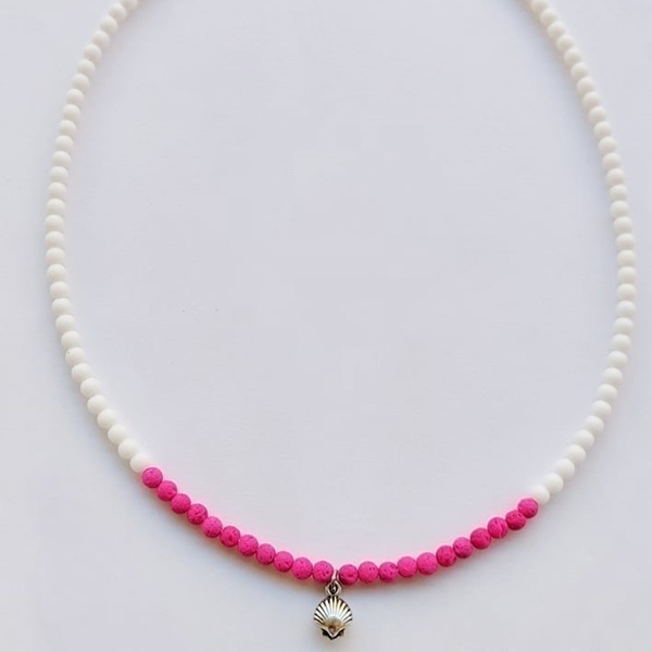 Χειροποιητο Κολιε με Ημιπολυτιμους λιθους ΛΑΒΑ, και ΛΕΥΚΗ ΠΕΤΡΑ- - ημιπολύτιμες πέτρες, κοχύλι, απαραίτητα καλοκαιρινά αξεσουάρ, κοντά, seed beads - 4