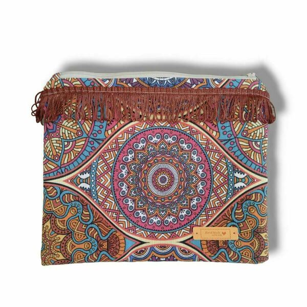 Χειροποίητη τσάντα φάκελος - Ethnic με τρέσα τερακότα - ύφασμα, φάκελοι, all day, boho, χειρός