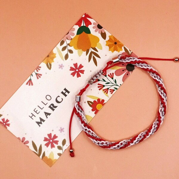 Μαρτάκι μακραμέ στριφτό-ασημί/κόκκινο - κορδόνια, boho, χεριού, αυξομειούμενα - 2